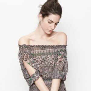 Maje 6–8 Boho Floral Chiffon Top Off Shoulder Smocked Waist French Girl